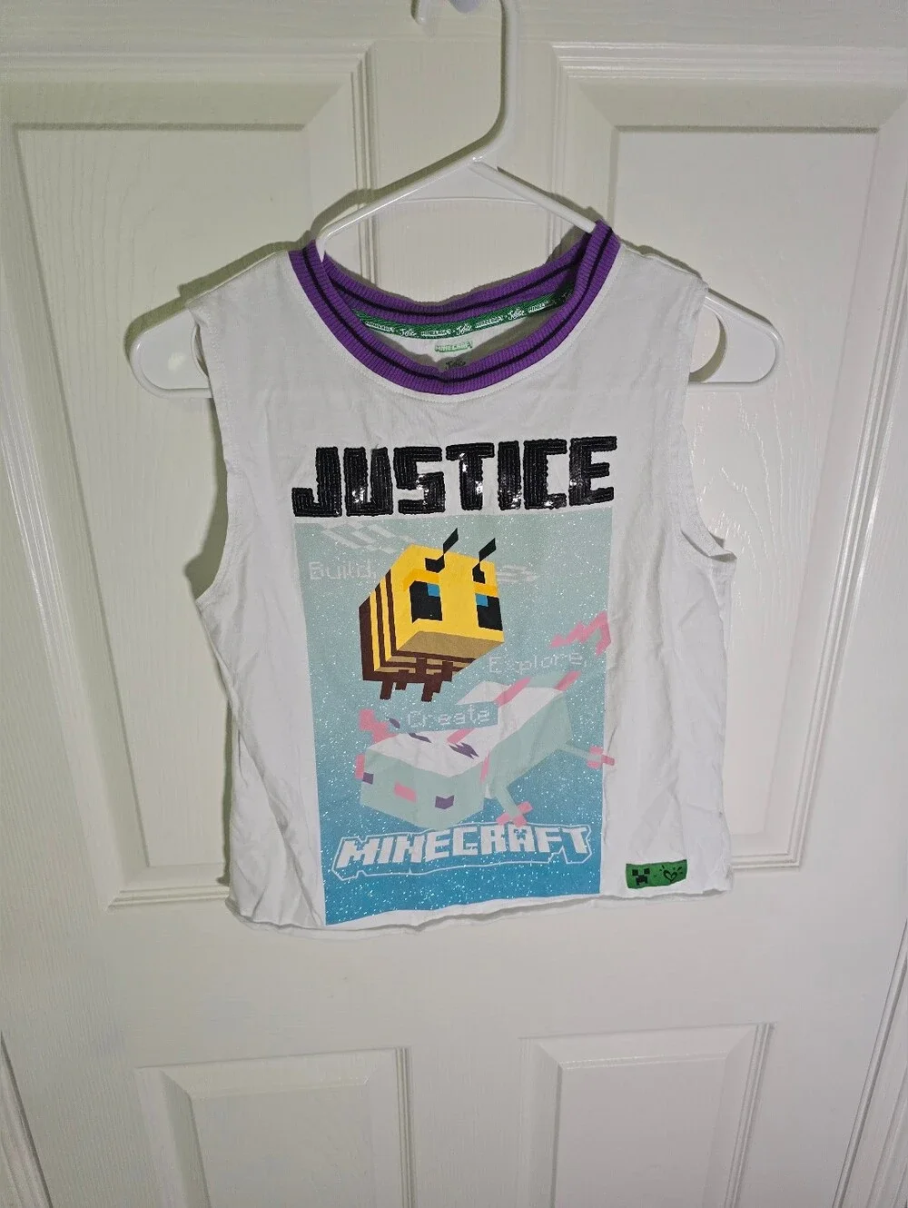 Justice Girls Minecraft Bee Axolotl Glitter White Tank Top Medium